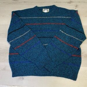 Vintage Wool Blend Sweater, Teal Heather w/Multicolor Stripes size Large